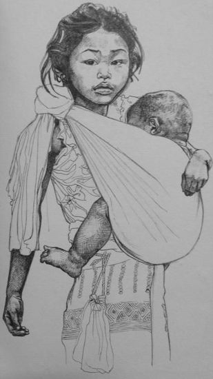 Vietnamese girl carrying a baby
